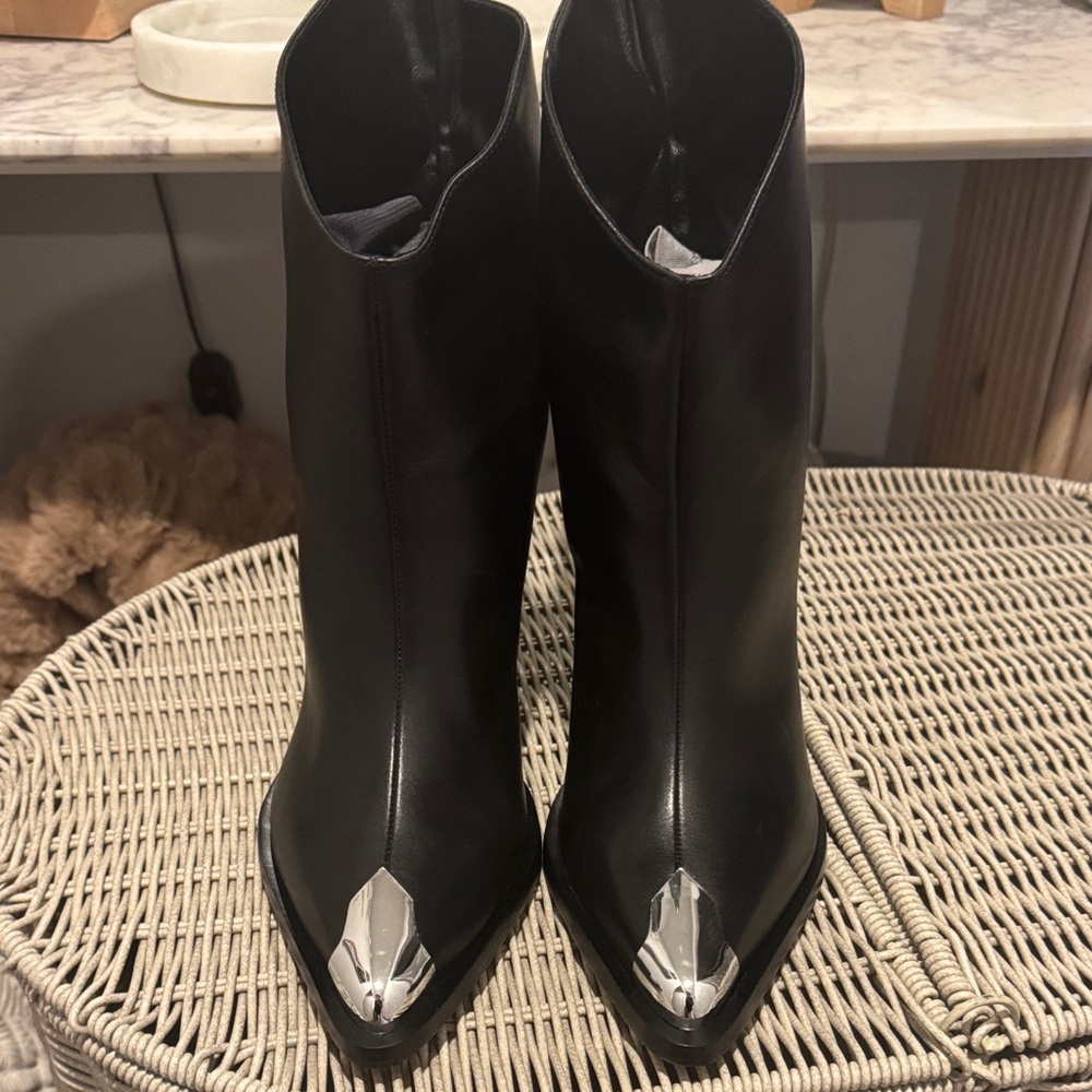 Shutz black leather ankle boots with silver metal toe